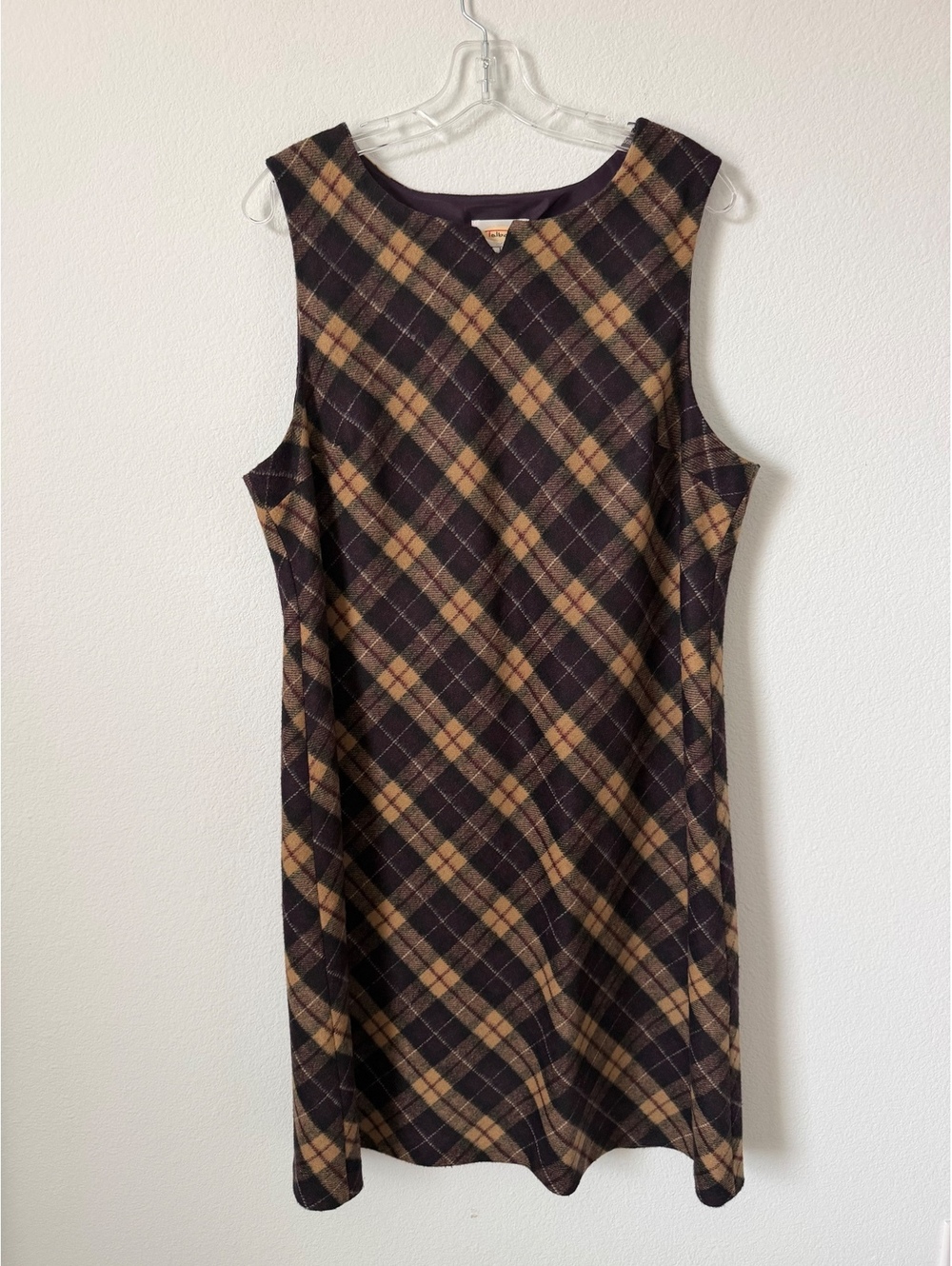 Talbots NWT Sleeveless Split Round Neck Wool Blend Plaid Shift Dress Size 16